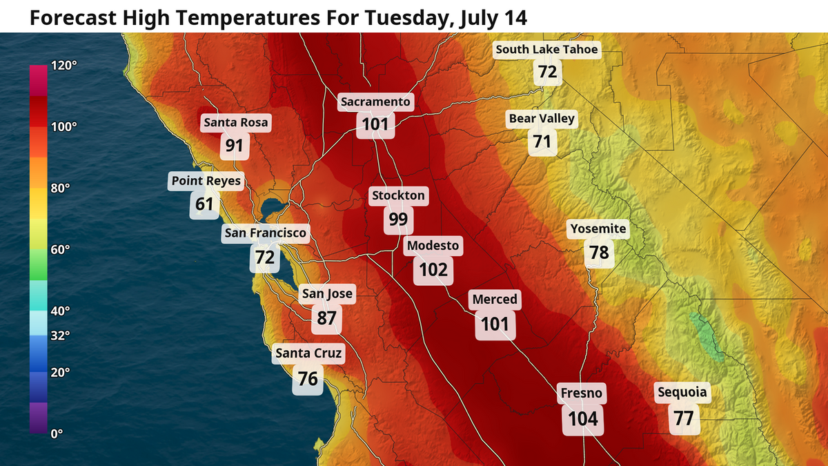 Forecast high temperatures for Tuesday, July 14